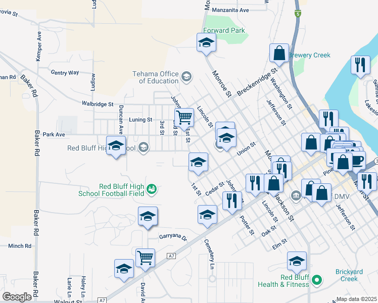 map of restaurants, bars, coffee shops, grocery stores, and more near 1139 1st Street in Red Bluff