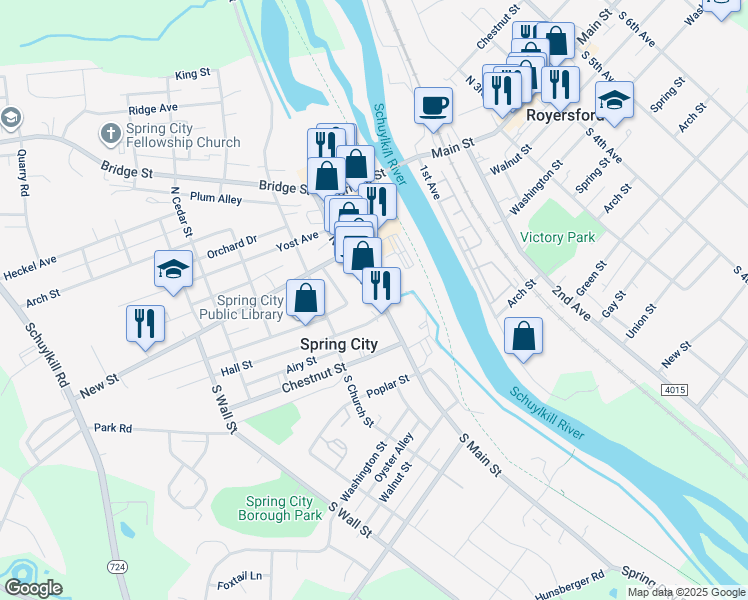 map of restaurants, bars, coffee shops, grocery stores, and more near 20 North Main Street in Spring City