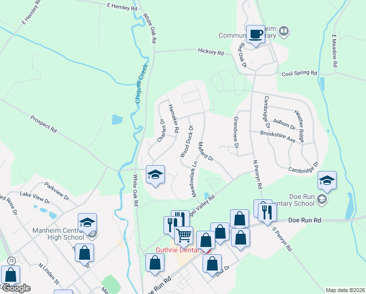 map of restaurants, bars, coffee shops, grocery stores, and more near 529 Wood Duck Drive in Manheim