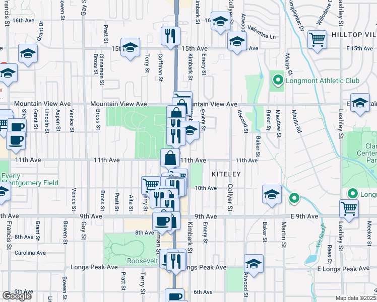 map of restaurants, bars, coffee shops, grocery stores, and more near 1035 Main Street in Longmont