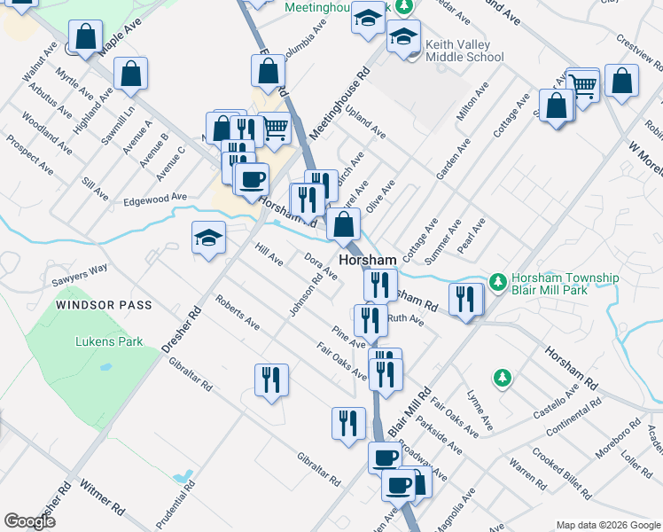 map of restaurants, bars, coffee shops, grocery stores, and more near 413 Johnson Road in Horsham