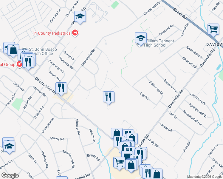 map of restaurants, bars, coffee shops, grocery stores, and more near 155 Crockett Rd in Warminster