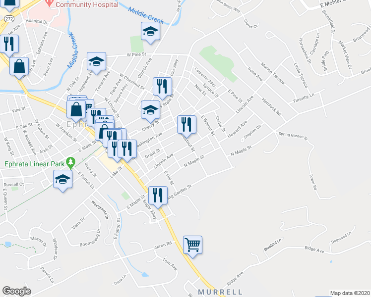 map of restaurants, bars, coffee shops, grocery stores, and more near 245 Lincoln Avenue in Ephrata