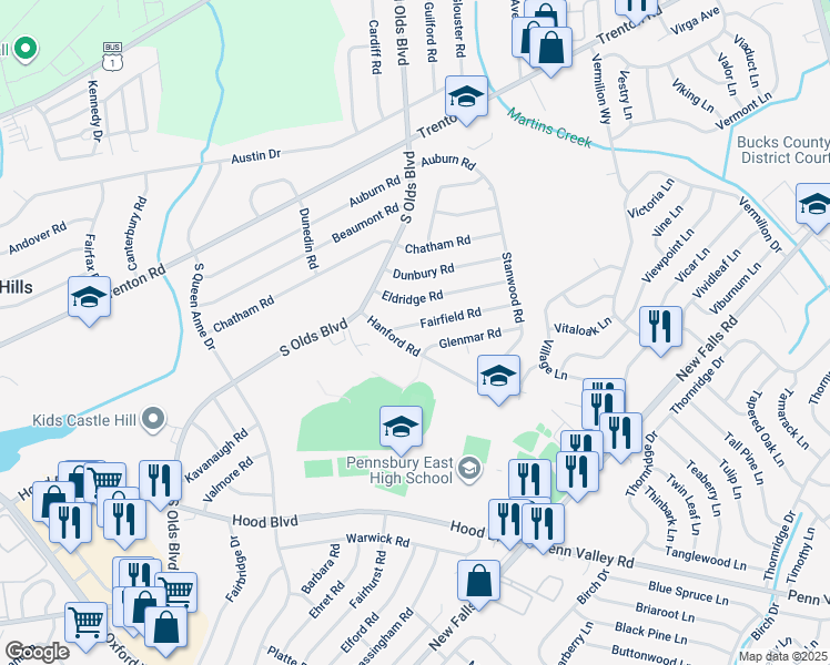map of restaurants, bars, coffee shops, grocery stores, and more near 808 Fairfield Road in Fairless Hills