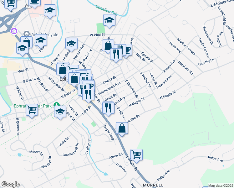 map of restaurants, bars, coffee shops, grocery stores, and more near 128 Marshall Street in Ephrata