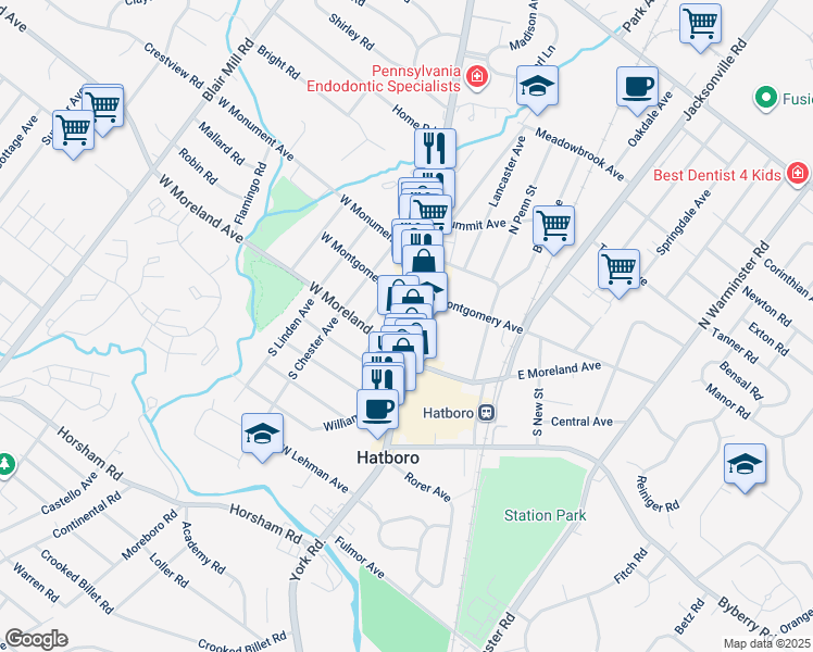 map of restaurants, bars, coffee shops, grocery stores, and more near 29 North York Road in Hatboro