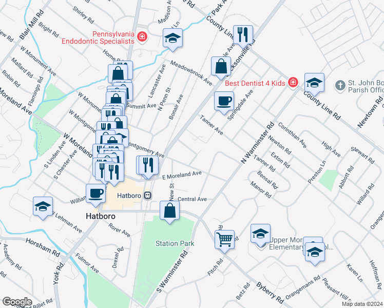 map of restaurants, bars, coffee shops, grocery stores, and more near 242 East Monument Avenue in Hatboro
