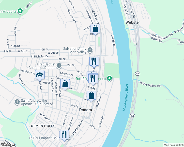 map of restaurants, bars, coffee shops, grocery stores, and more near 666 Thompson Avenue in Donora