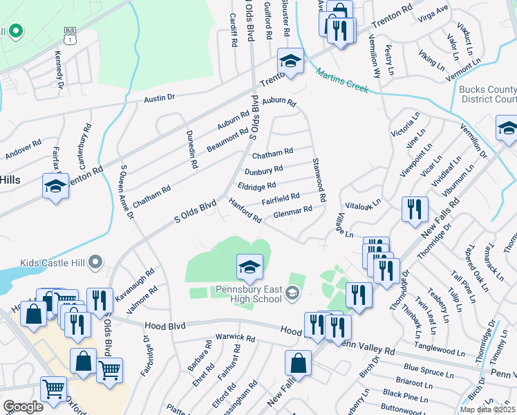 map of restaurants, bars, coffee shops, grocery stores, and more near 808 Fairfield Road in Fairless Hills