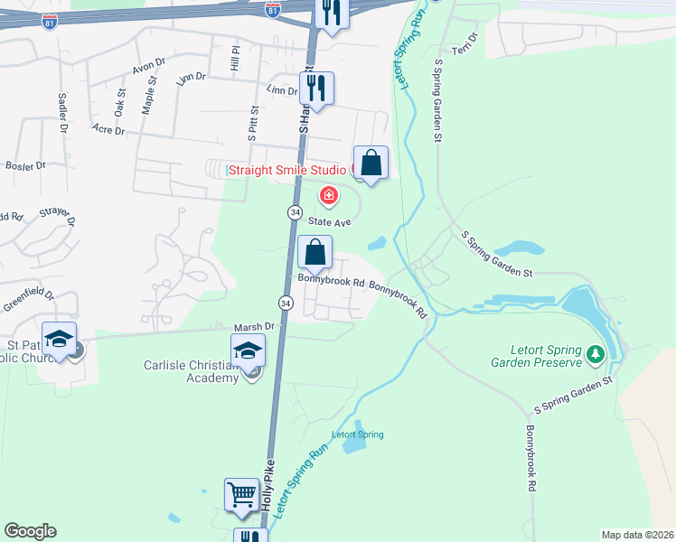 map of restaurants, bars, coffee shops, grocery stores, and more near 75 Bonnybrook Road in Carlisle