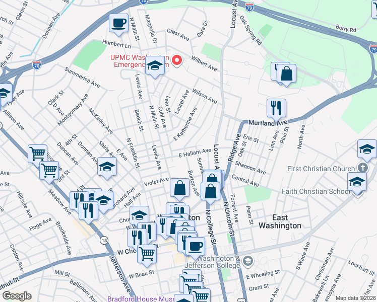 map of restaurants, bars, coffee shops, grocery stores, and more near 105 East Hallam Avenue in Washington