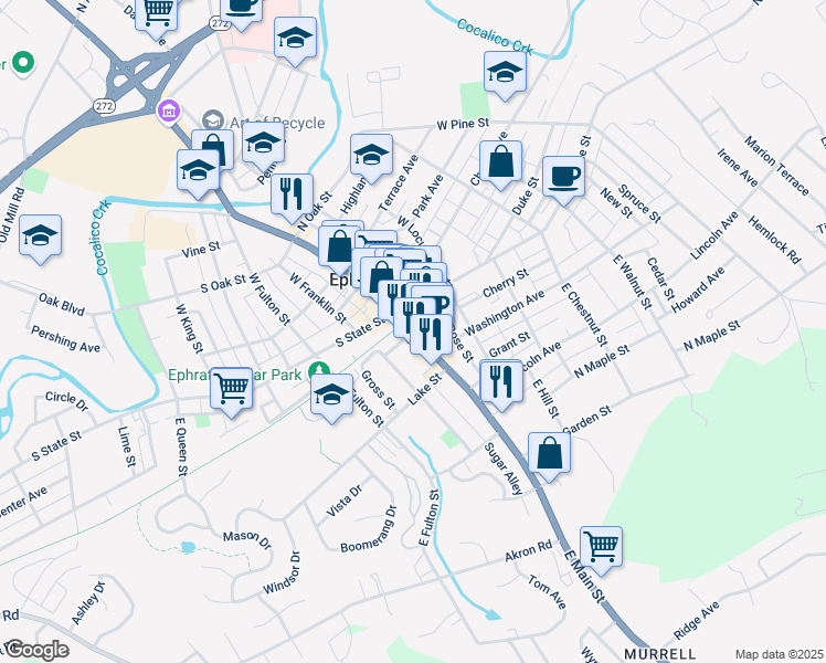 map of restaurants, bars, coffee shops, grocery stores, and more near 29 East Main Street in Ephrata