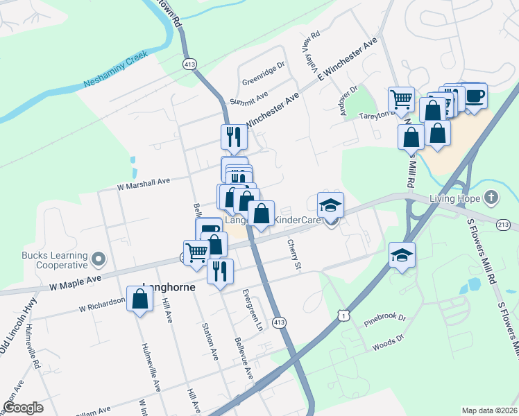 map of restaurants, bars, coffee shops, grocery stores, and more near 201 East Watson Avenue in Langhorne