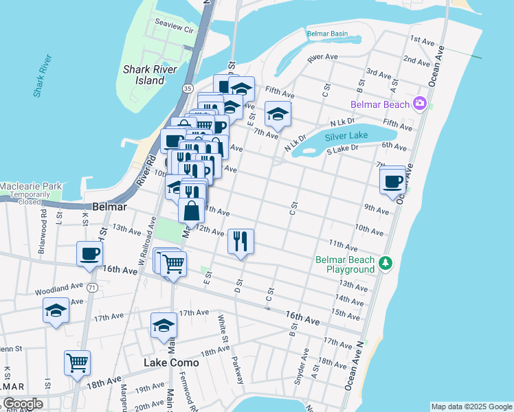 map of restaurants, bars, coffee shops, grocery stores, and more near 1001 D Street in Belmar