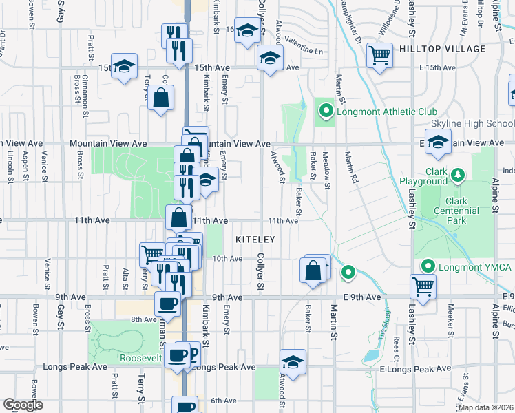 map of restaurants, bars, coffee shops, grocery stores, and more near 1117 Collyer Street in Longmont