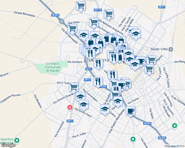 map of restaurants, bars, coffee shops, grocery stores, and more near 52 Via Pozzoloianni in Nardò