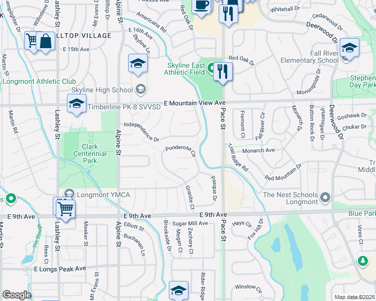map of restaurants, bars, coffee shops, grocery stores, and more near 733 Independence Drive in Longmont
