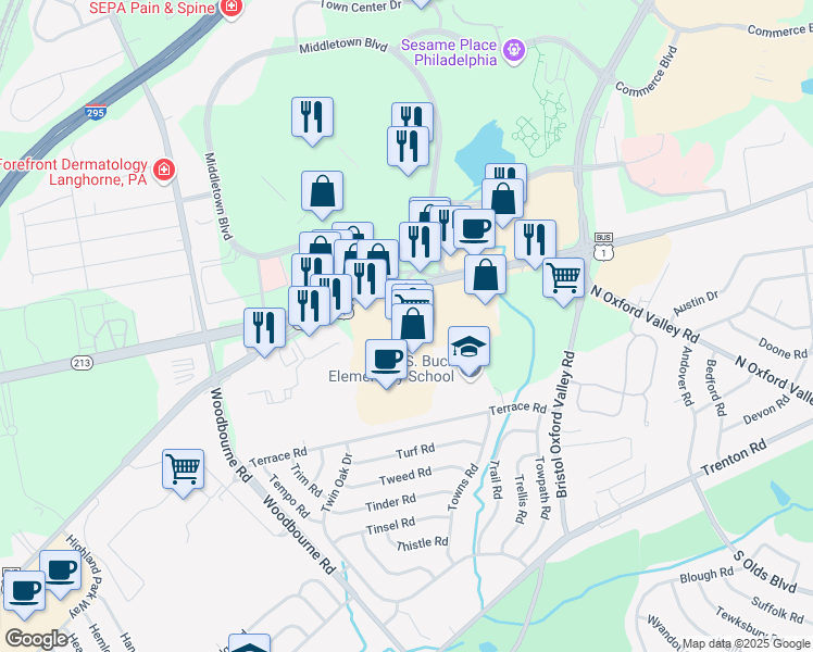 map of restaurants, bars, coffee shops, grocery stores, and more near 2339 East Lincoln Highway in Langhorne