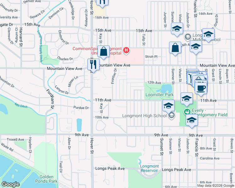 map of restaurants, bars, coffee shops, grocery stores, and more near 1137 Sherri Mar Court in Longmont
