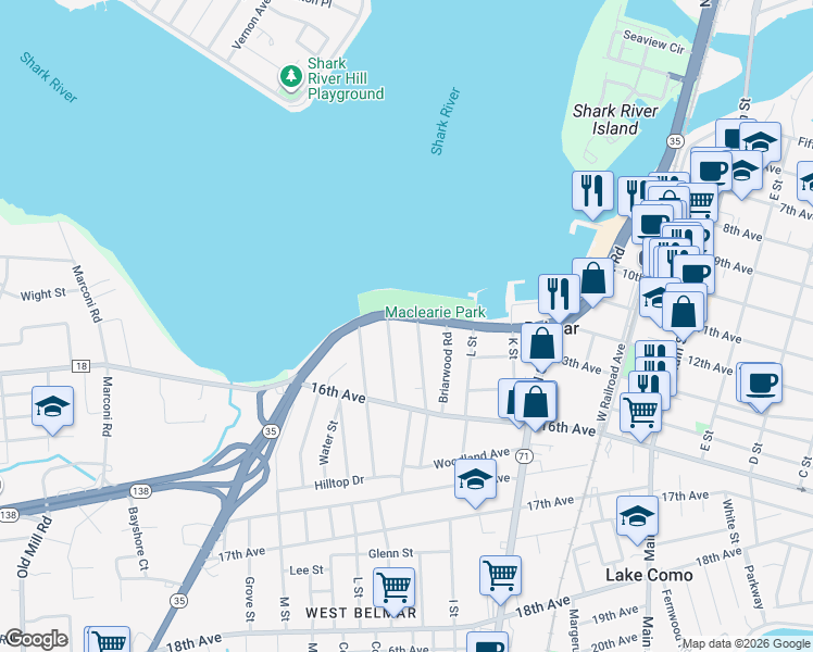 map of restaurants, bars, coffee shops, grocery stores, and more near 1509 River Road in Belmar