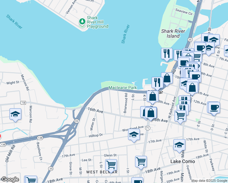 map of restaurants, bars, coffee shops, grocery stores, and more near 1509 River Road in Belmar