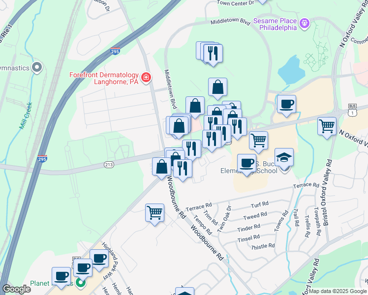 map of restaurants, bars, coffee shops, grocery stores, and more near 240 Middletown Boulevard in Langhorne