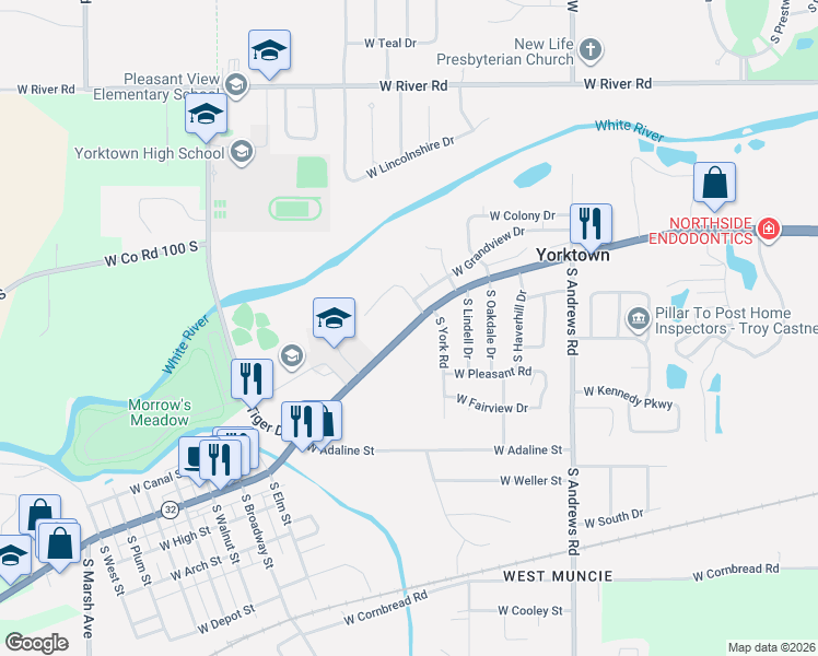 map of restaurants, bars, coffee shops, grocery stores, and more near 1500 South Pleasantview Drive in Yorktown