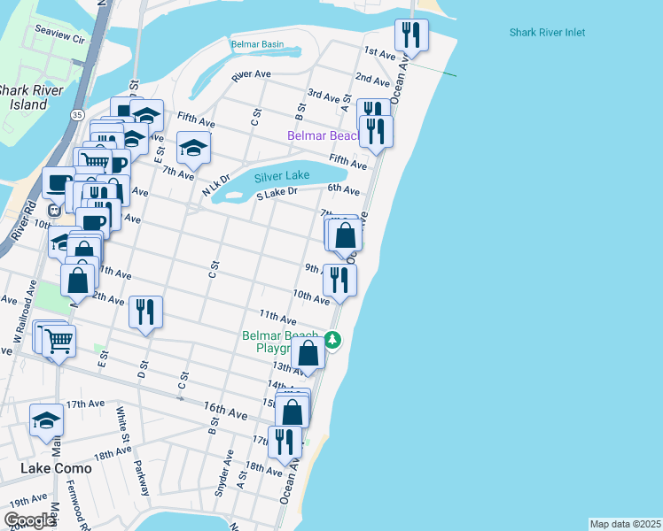 map of restaurants, bars, coffee shops, grocery stores, and more near 100 9th Avenue in Belmar