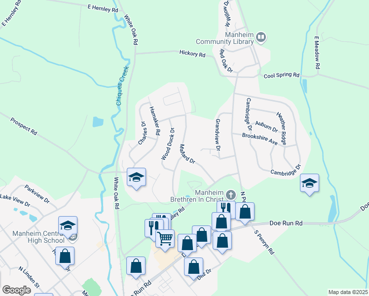map of restaurants, bars, coffee shops, grocery stores, and more near 533 Mallard Drive in Manheim