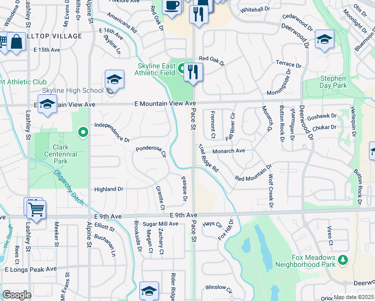 map of restaurants, bars, coffee shops, grocery stores, and more near 1205 Pace Street in Longmont