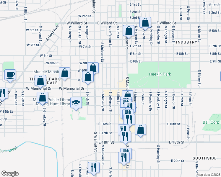 map of restaurants, bars, coffee shops, grocery stores, and more near South Jefferson Street in Muncie