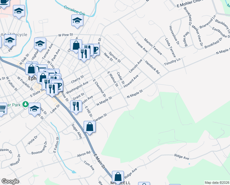 map of restaurants, bars, coffee shops, grocery stores, and more near 334 North Maple Street in Ephrata