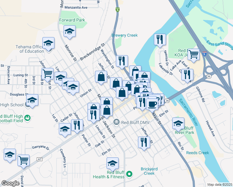 map of restaurants, bars, coffee shops, grocery stores, and more near 909 Jefferson Street in Red Bluff