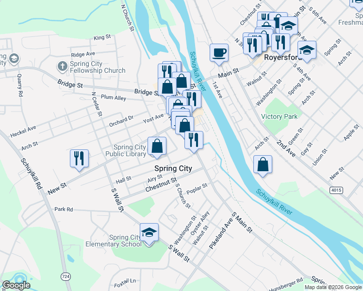 map of restaurants, bars, coffee shops, grocery stores, and more near 64 North Main Street in Spring City