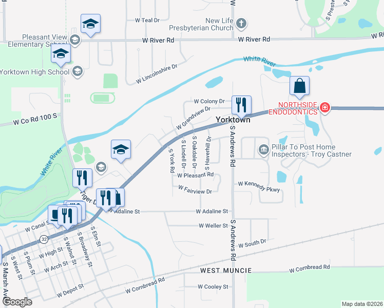 map of restaurants, bars, coffee shops, grocery stores, and more near 1604 South Oakdale Drive in Yorktown