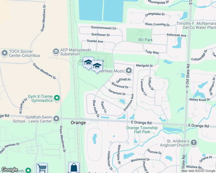 map of restaurants, bars, coffee shops, grocery stores, and more near 1477 Geranium Drive in Lewis Center
