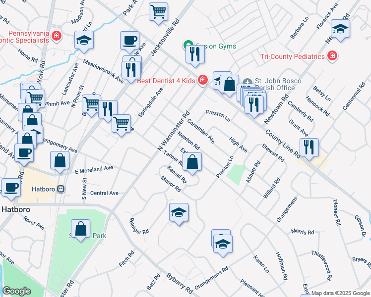 map of restaurants, bars, coffee shops, grocery stores, and more near 405 Exton Road in Hatboro