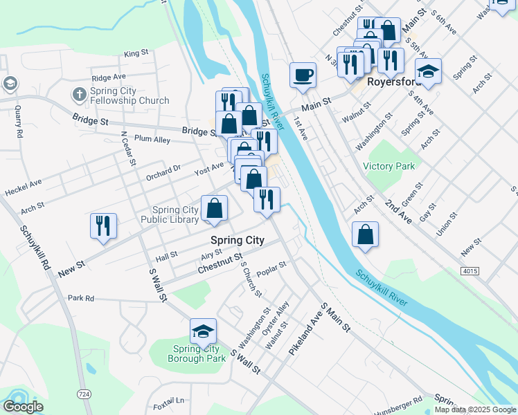 map of restaurants, bars, coffee shops, grocery stores, and more near 45 North Main Street in Spring City