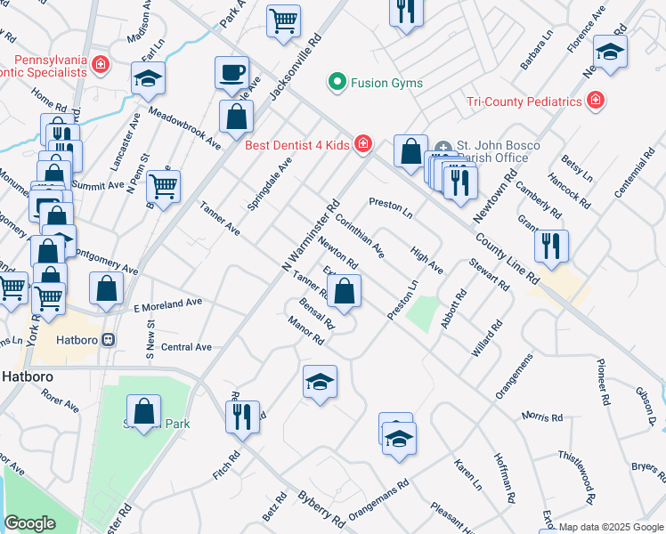 map of restaurants, bars, coffee shops, grocery stores, and more near 405 Exton Road in Hatboro