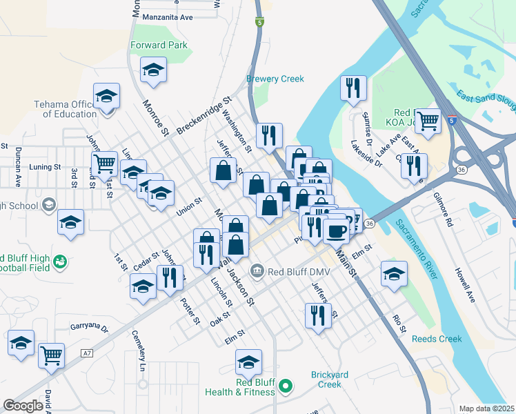 map of restaurants, bars, coffee shops, grocery stores, and more near 500-548 Cedar Street in Red Bluff