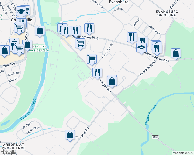 map of restaurants, bars, coffee shops, grocery stores, and more near 3865 Ridge Pike in Collegeville