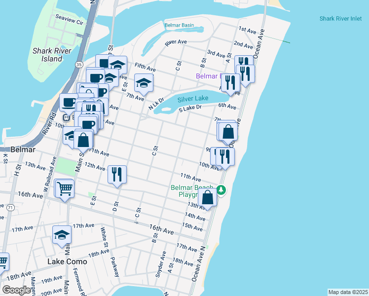 map of restaurants, bars, coffee shops, grocery stores, and more near 217 9th Avenue in Belmar
