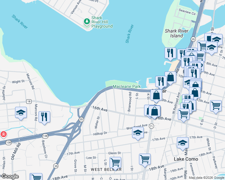 map of restaurants, bars, coffee shops, grocery stores, and more near 1605 River Road in Belmar