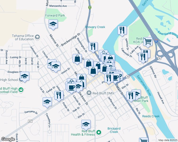map of restaurants, bars, coffee shops, grocery stores, and more near 909 Jefferson Street in Red Bluff