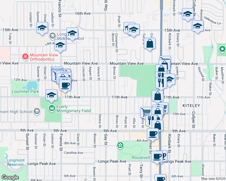 map of restaurants, bars, coffee shops, grocery stores, and more near 1142 Gay Street in Longmont