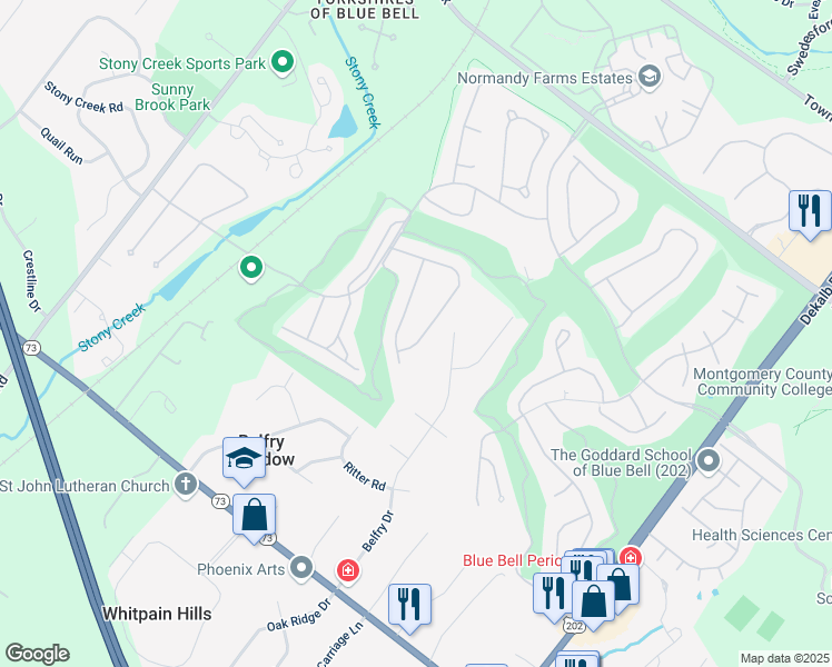 map of restaurants, bars, coffee shops, grocery stores, and more near 138 Bay Hill Drive in Blue Bell