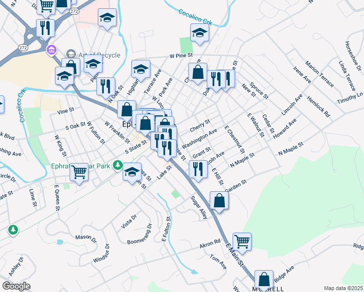 map of restaurants, bars, coffee shops, grocery stores, and more near 40 Washington Avenue in Ephrata