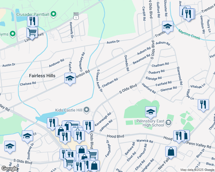 map of restaurants, bars, coffee shops, grocery stores, and more near 606 Chatham Road in Fairless Hills