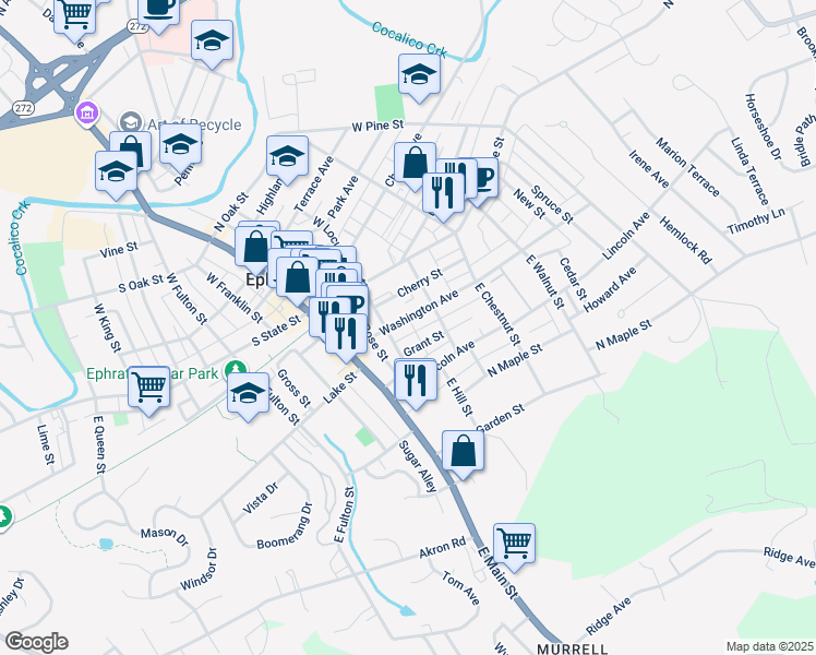 map of restaurants, bars, coffee shops, grocery stores, and more near 119 Washington Avenue in Ephrata