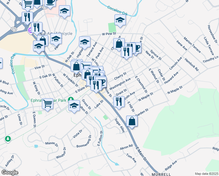 map of restaurants, bars, coffee shops, grocery stores, and more near 40 Washington Avenue in Ephrata
